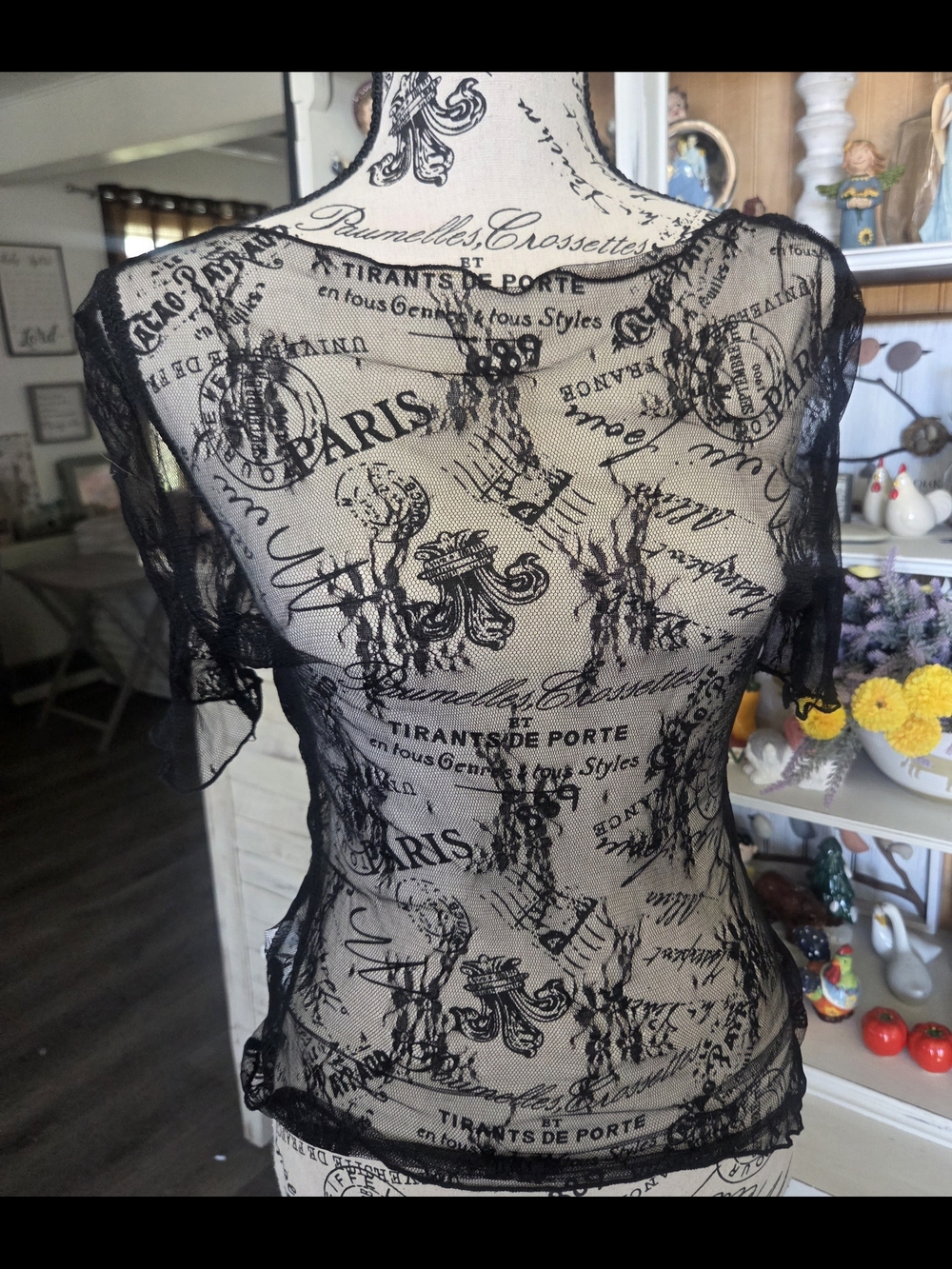 SHEIN Black Sheer Lace Short Sleeve Top